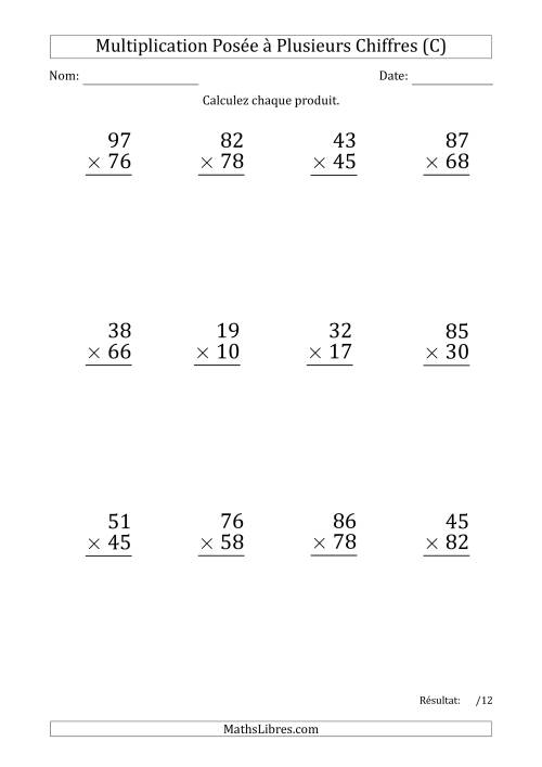 Multiplication d'un Nombre à 2 Chiffres par un Nombre à 2 Chiffres (Gros Caractère) avec un Point comme Séparateur de Milliers (C)