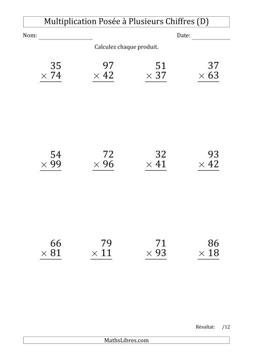 Multiplication d'un Nombre à 2 Chiffres par un Nombre à 2 Chiffres (Gros Caractère) avec un Point comme Séparateur de Milliers (D)