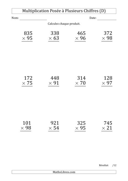 Multiplication d'un Nombre à 3 Chiffres par un Nombre à 2 Chiffres (Gros Caractère) avec un Point comme Séparateur de Milliers (D)