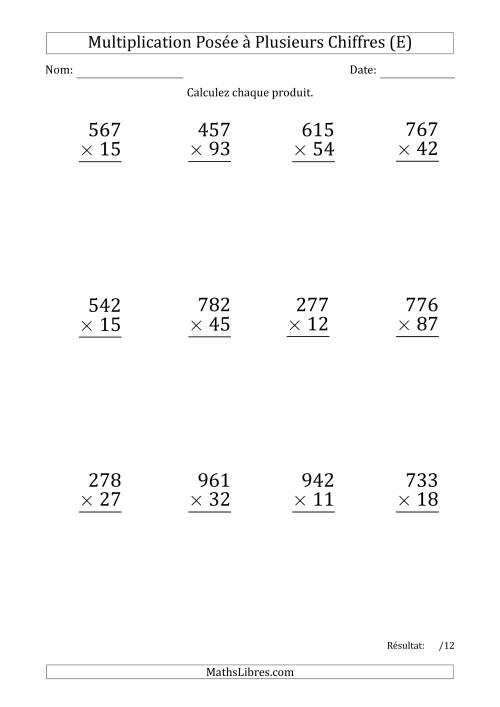 Multiplication d'un Nombre à 3 Chiffres par un Nombre à 2 Chiffres (Gros Caractère) avec un Point comme Séparateur de Milliers (E)
