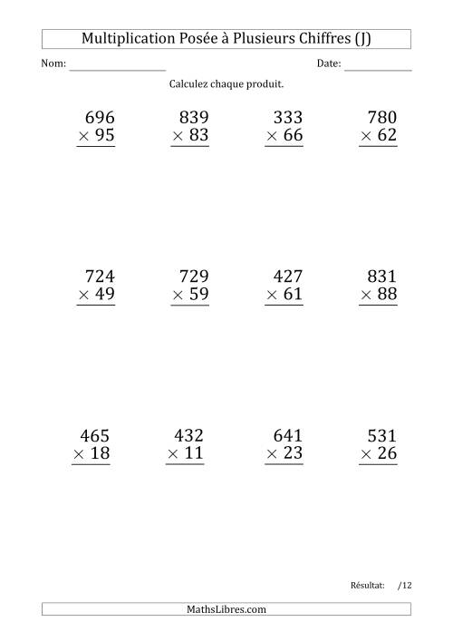 Multiplication d'un Nombre à 3 Chiffres par un Nombre à 2 Chiffres (Gros Caractère) avec un Point comme Séparateur de Milliers (J)