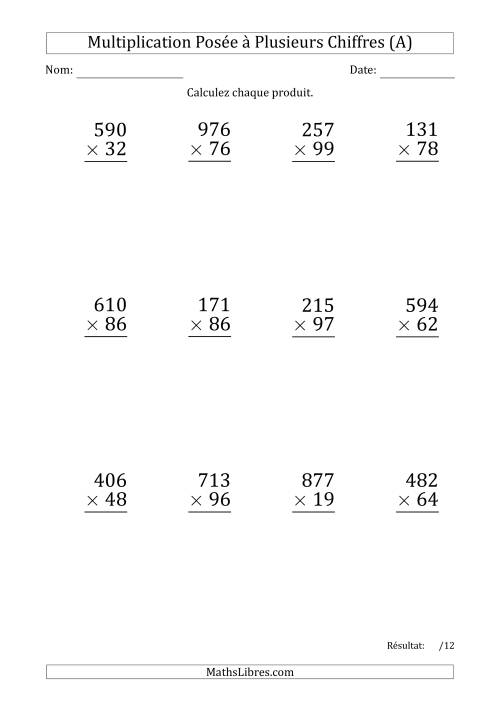 Multiplication d'un Nombre à 3 Chiffres par un Nombre à 2 Chiffres (Gros Caractère) avec un Point comme Séparateur de Milliers (Tout)