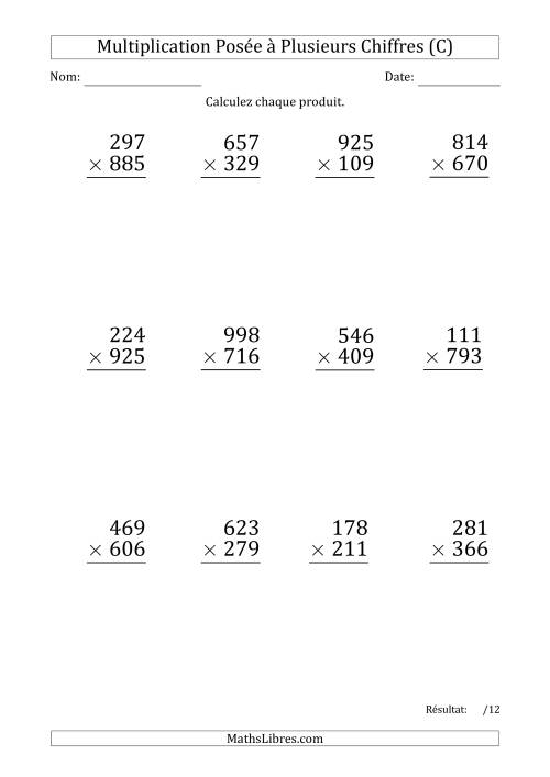 Multiplication d'un Nombre à 3 Chiffres par un Nombre à 3 Chiffres (Gros Caractère) avec un Point comme Séparateur de Milliers (C)
