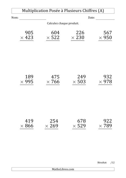Multiplication d'un Nombre à 3 Chiffres par un Nombre à 3 Chiffres (Gros Caractère) avec un Point comme Séparateur de Milliers (Tout)