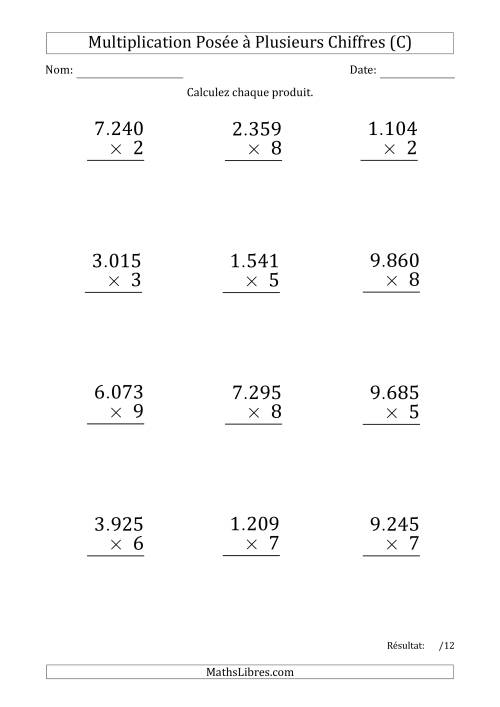 Multiplication d'un Nombre à 4 Chiffres par un Nombre à 1 Chiffre (Gros Caractère) avec un Point comme Séparateur de Milliers (C)