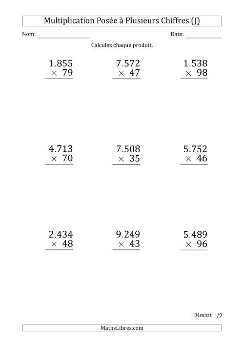 Multiplication d'un Nombre à 4 Chiffres par un Nombre à 2 Chiffres (Gros Caractère) avec un Point comme Séparateur de Milliers (J)
