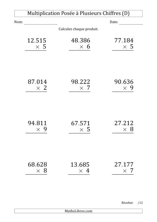 Multiplication d'un Nombre à 5 Chiffres par un Nombre à 1 Chiffre (Gros Caractère) avec un Point comme Séparateur de Milliers (D)