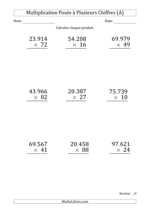 Multiplication d'un Nombre à 5 Chiffres par un Nombre à 2 Chiffres (Gros Caractère) avec un Point comme Séparateur de Milliers (Tout)