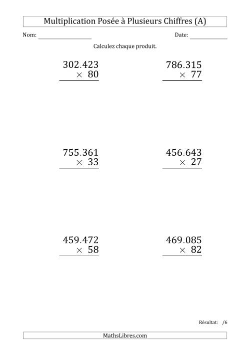 Multiplication d'un Nombre à 6 Chiffres par un Nombre à 2 Chiffres (Gros Caractère) avec un Point comme Séparateur de Milliers (Tout)