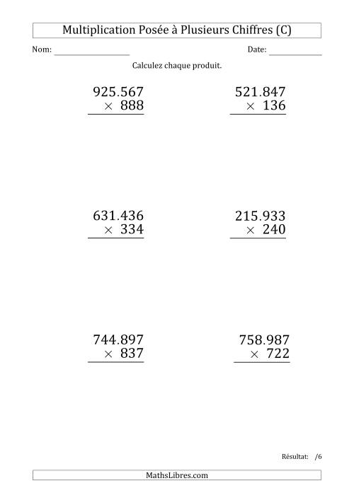 Multiplication d'un Nombre à 6 Chiffres par un Nombre à 3 Chiffres (Gros Caractère) avec un Point comme Séparateur de Milliers (C)