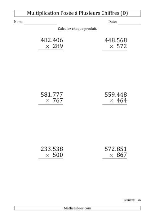 Multiplication d'un Nombre à 6 Chiffres par un Nombre à 3 Chiffres (Gros Caractère) avec un Point comme Séparateur de Milliers (D)