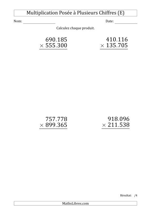 Multiplication d'un Nombre à 6 Chiffres par un Nombre à 6 Chiffres (Gros Caractère) avec un Point comme Séparateur de Milliers (E)