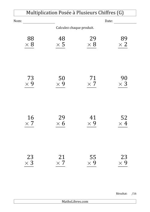 Multiplication d'un Nombre à 2 Chiffres par un Nombre à 1 Chiffre (Gros Caractère) (G)