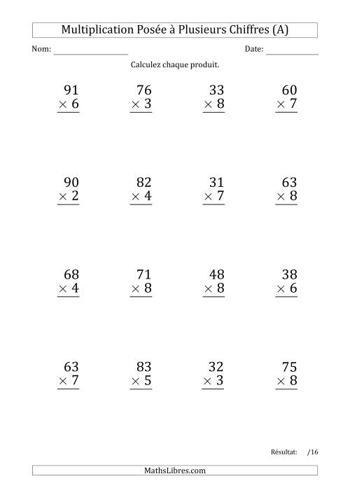 Multiplication d'un Nombre à 2 Chiffres par un Nombre à 1 Chiffre (Gros Caractère) (Tout)