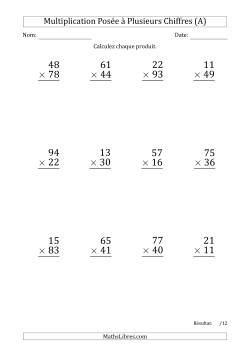 Multiplication d'un Nombre à 2 Chiffres par un Nombre à 2 Chiffres (Gros Caractère)