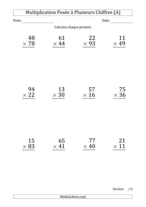 Multiplication d'un Nombre à 2 Chiffres par un Nombre à 2 Chiffres (Gros Caractère) (A)
