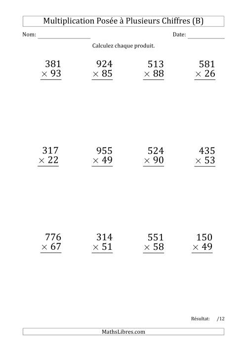 Multiplication d'un Nombre à 3 Chiffres par un Nombre à 2 Chiffres (Gros Caractère) (B)