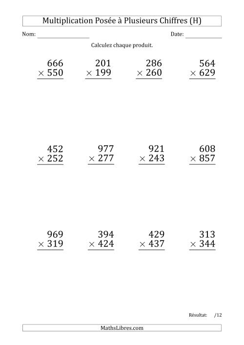 Multiplication d'un Nombre à 3 Chiffres par un Nombre à 3 Chiffres (Gros Caractère) (H)