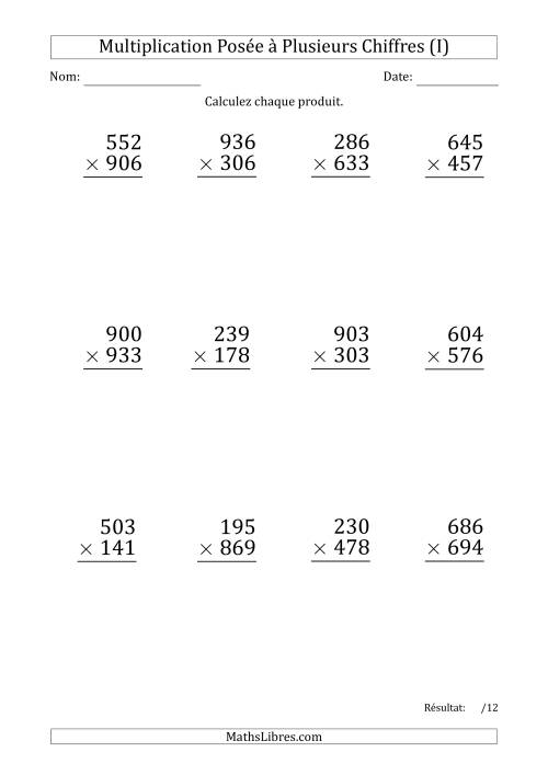 Multiplication d'un Nombre à 3 Chiffres par un Nombre à 3 Chiffres (Gros Caractère) (I)