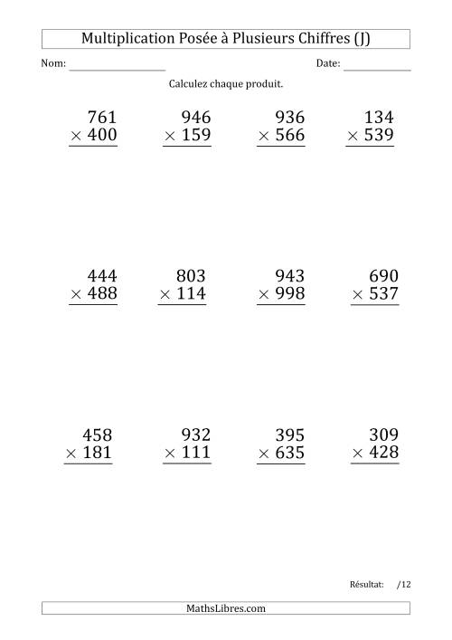 Multiplication d'un Nombre à 3 Chiffres par un Nombre à 3 Chiffres (Gros Caractère) (J)