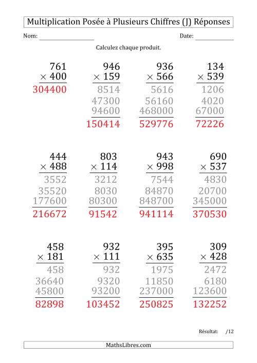 Multiplication d'un Nombre à 3 Chiffres par un Nombre à 3 Chiffres (Gros Caractère) (J) page 2