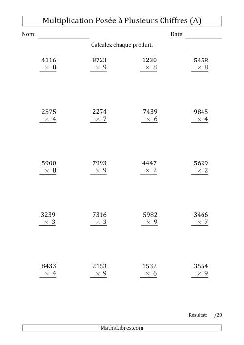 Multiplication d'un Nombre à 4 Chiffres par un Nombre à 1 Chiffre (A)