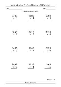 Multiplication d'un Nombre à 4 Chiffres par un Nombre à 1 Chiffre (Gros Caractère)