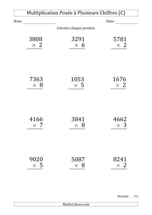 Multiplication d'un Nombre à 4 Chiffres par un Nombre à 1 Chiffre (Gros Caractère) (C)