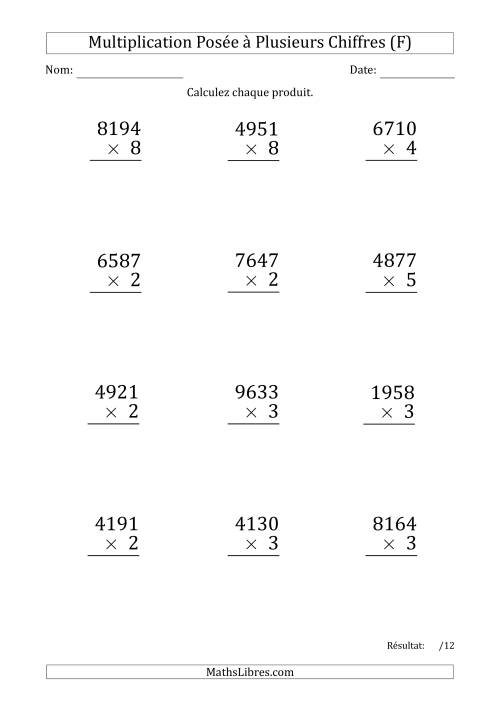 Multiplication d'un Nombre à 4 Chiffres par un Nombre à 1 Chiffre (Gros Caractère) (F)