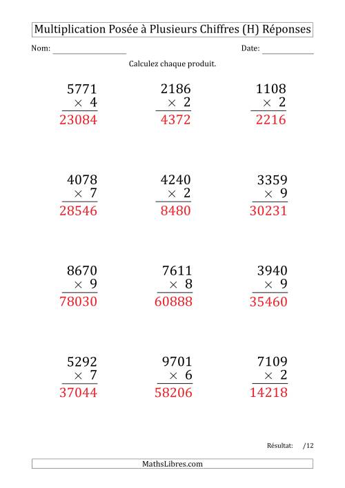 Multiplication d'un Nombre à 4 Chiffres par un Nombre à 1 Chiffre (Gros Caractère) (H) page 2