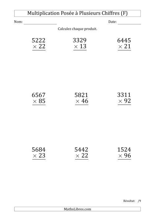 Multiplication d'un Nombre à 4 Chiffres par un Nombre à 2 Chiffres (Gros Caractère) (F)