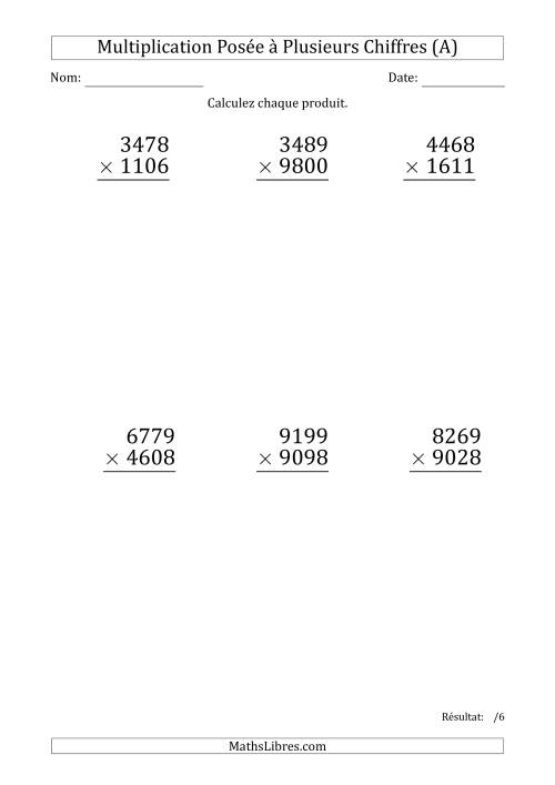Multiplication d'un Nombre à 4 Chiffres par un Nombre à 4 Chiffres (Gros Caractère) (A)