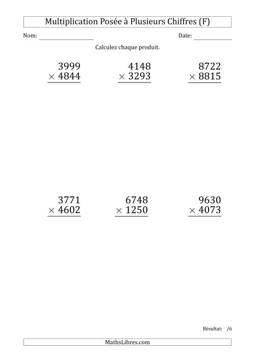 Multiplication d'un Nombre à 4 Chiffres par un Nombre à 4 Chiffres (Gros Caractère) (F)