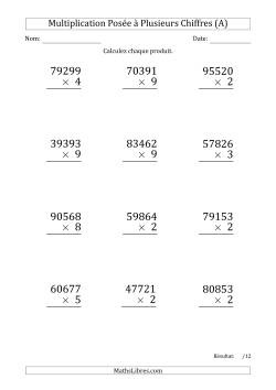 Multiplication d'un Nombre à 5 Chiffres par un Nombre à 1 Chiffre (Gros Caractère)