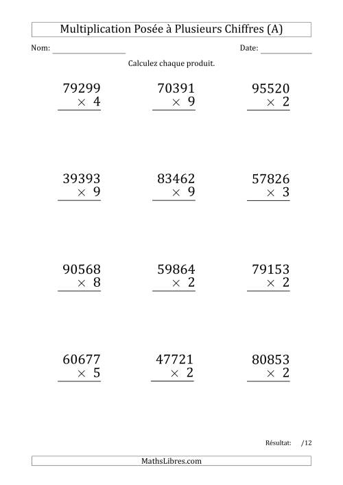 Multiplication d'un Nombre à 5 Chiffres par un Nombre à 1 Chiffre (Gros Caractère) (A)