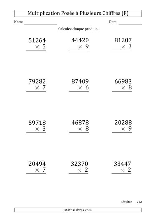 Multiplication d'un Nombre à 5 Chiffres par un Nombre à 1 Chiffre (Gros Caractère) (F)