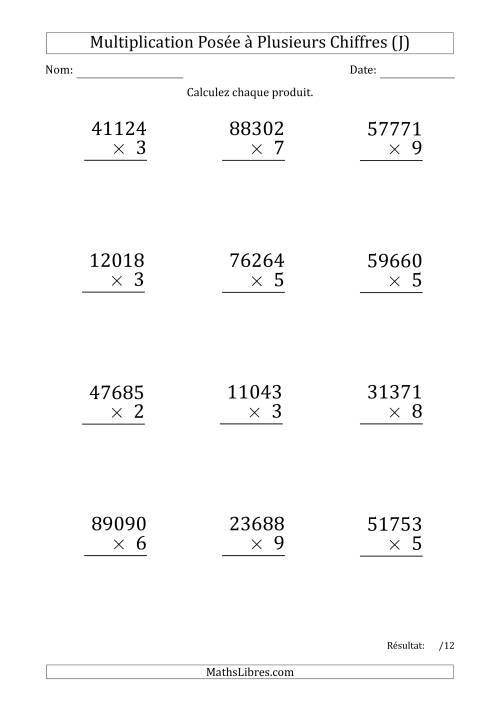 Multiplication d'un Nombre à 5 Chiffres par un Nombre à 1 Chiffre (Gros Caractère) (J)