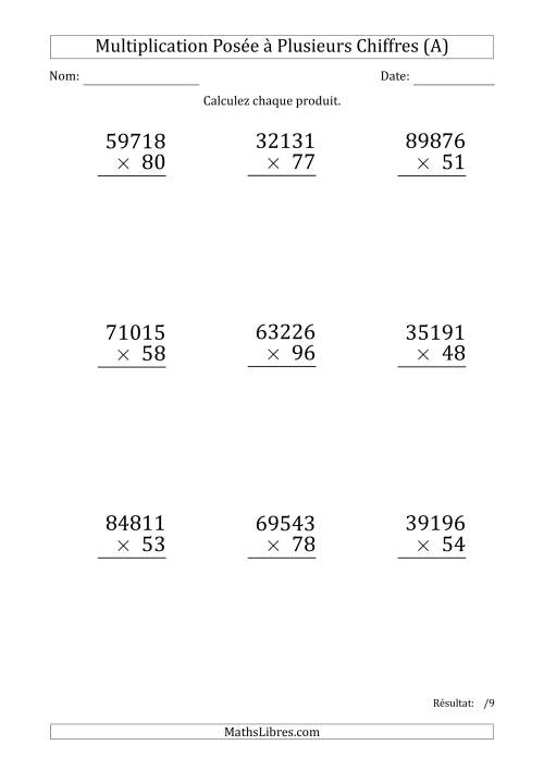 Multiplication d'un Nombre à 5 Chiffres par un Nombre à 2 Chiffres (Gros Caractère) (A)