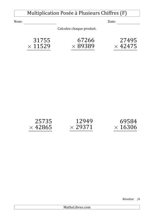 Multiplication d'un Nombre à 5 Chiffres par un Nombre à 5 Chiffres (Gros Caractère) (F)