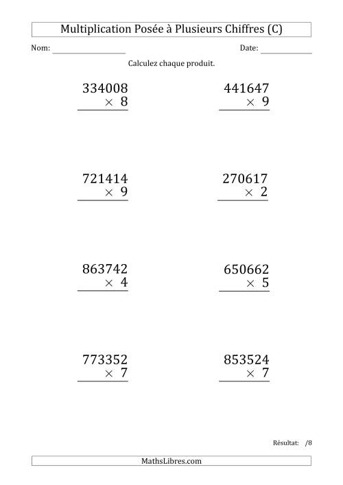 Multiplication d'un Nombre à 6 Chiffres par un Nombre à 1 Chiffre (Gros Caractère) (C)