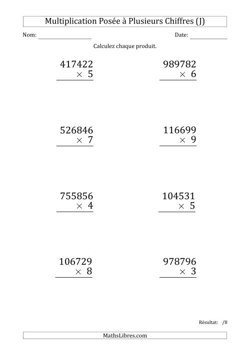 Multiplication d'un Nombre à 6 Chiffres par un Nombre à 1 Chiffre (Gros Caractère) (J)