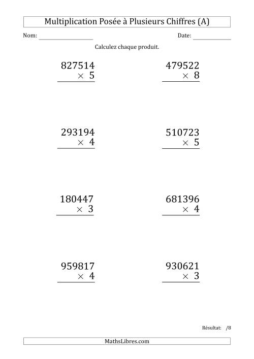 Multiplication d'un Nombre à 6 Chiffres par un Nombre à 1 Chiffre (Gros Caractère) (Tout)