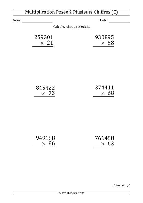 Multiplication d'un Nombre à 6 Chiffres par un Nombre à 2 Chiffres (Gros Caractère) (C)