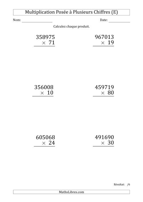 Multiplication d'un Nombre à 6 Chiffres par un Nombre à 2 Chiffres (Gros Caractère) (E)