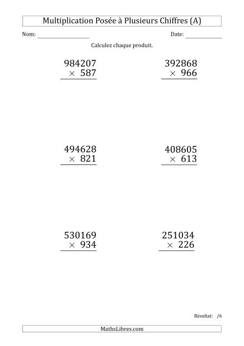 Multiplication d'un Nombre à 6 Chiffres par un Nombre à 3 Chiffres (Gros Caractère) (A)