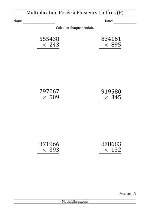 Multiplication d'un Nombre à 6 Chiffres par un Nombre à 3 Chiffres (Gros Caractère) (F)
