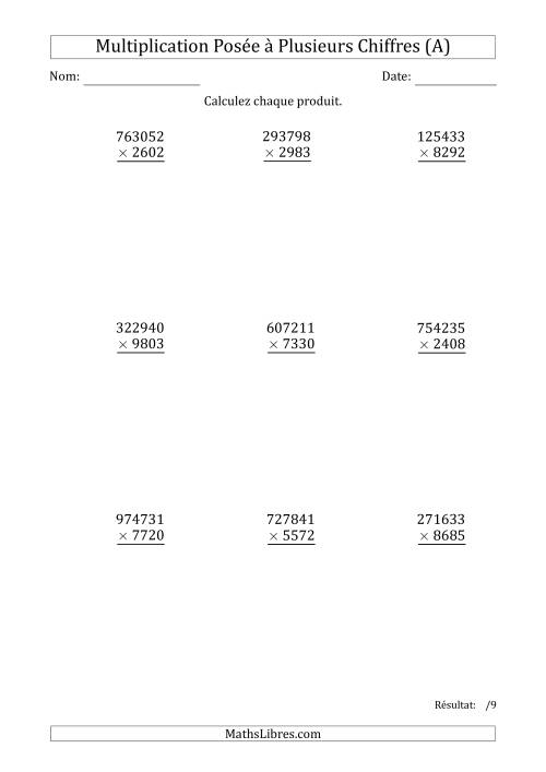 Multiplication d'un Nombre à 6 Chiffres par un Nombre à 4 Chiffres (Tout)