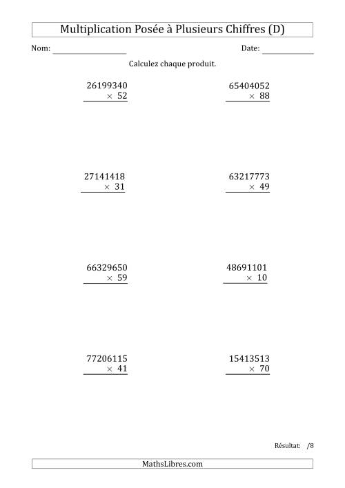 Multiplication d'un Nombre à 8 Chiffres par un Nombre à 2 Chiffres (D)