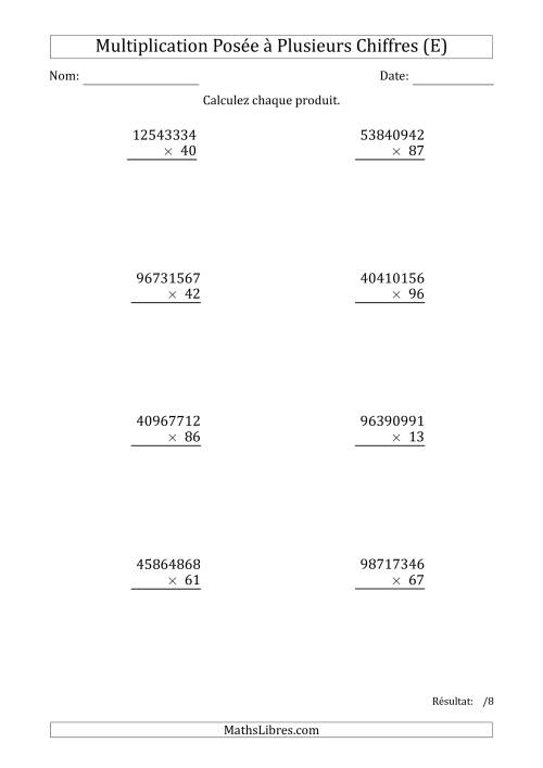 Multiplication d'un Nombre à 8 Chiffres par un Nombre à 2 Chiffres (E)