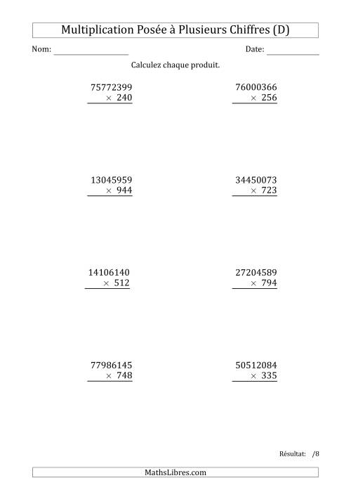 Multiplication d'un Nombre à 8 Chiffres par un Nombre à 3 Chiffres (D)